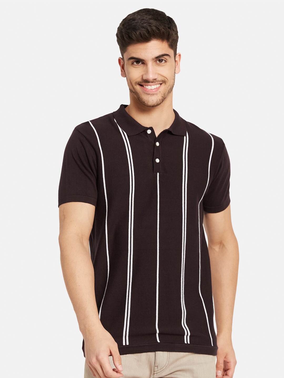 

METTLE Striped Polo Collar Cotton T-shirt, Brown