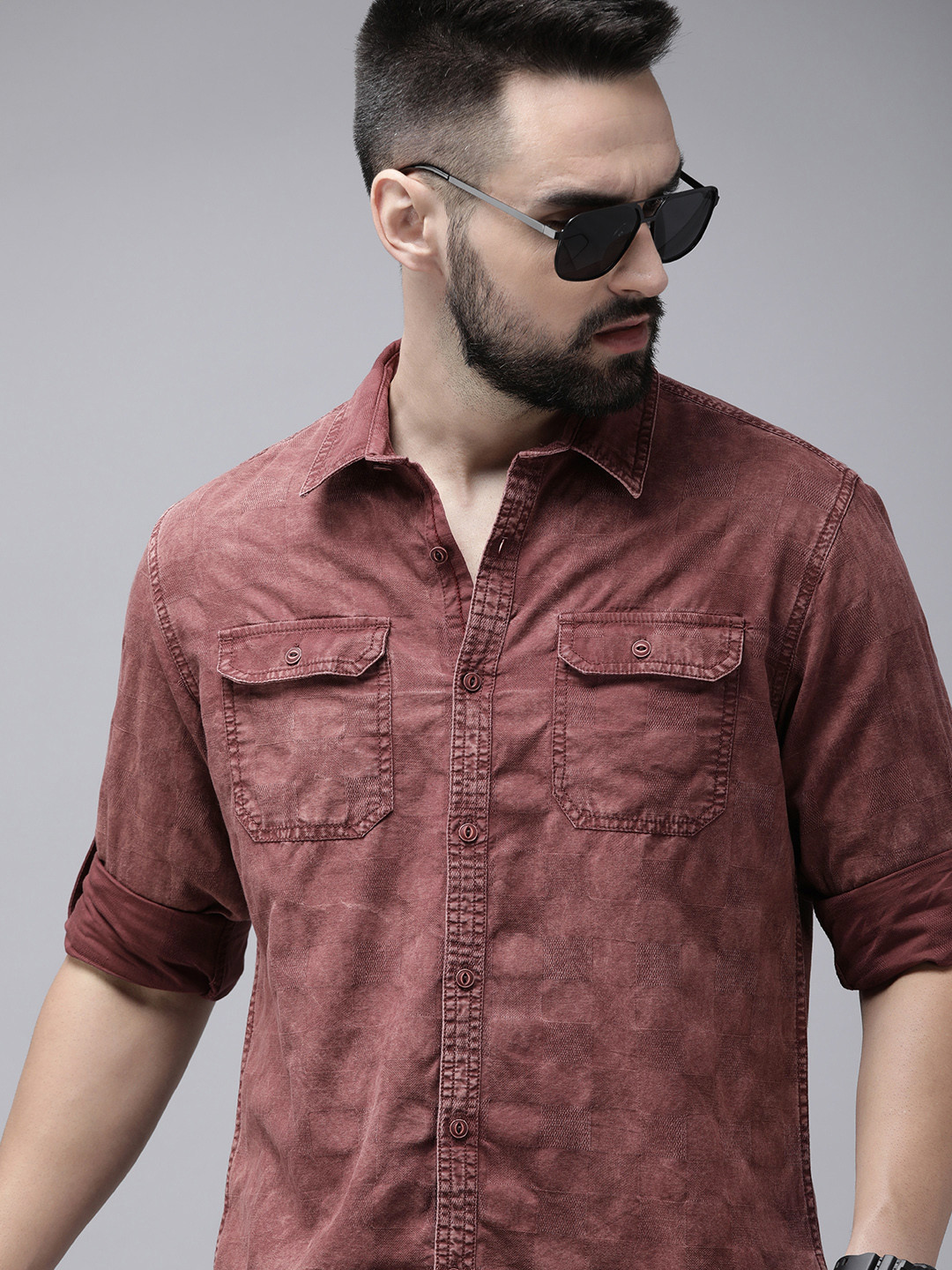 

The Roadster Life Co. Self Design Pure Cotton Denim Casual Shirt, Red