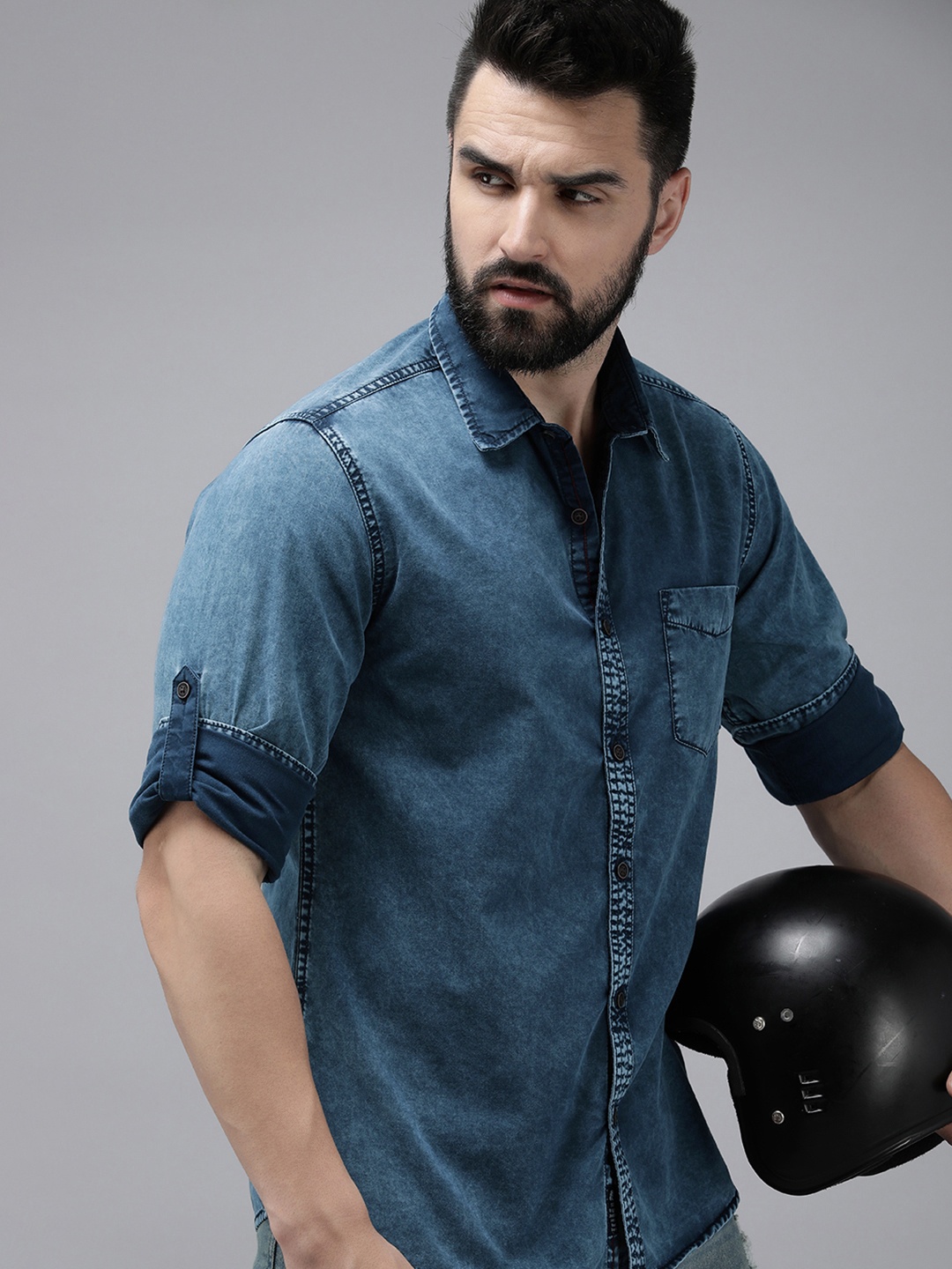

The Roadster Life Co. Pure Cotton Chambray Casual Shirt, Blue