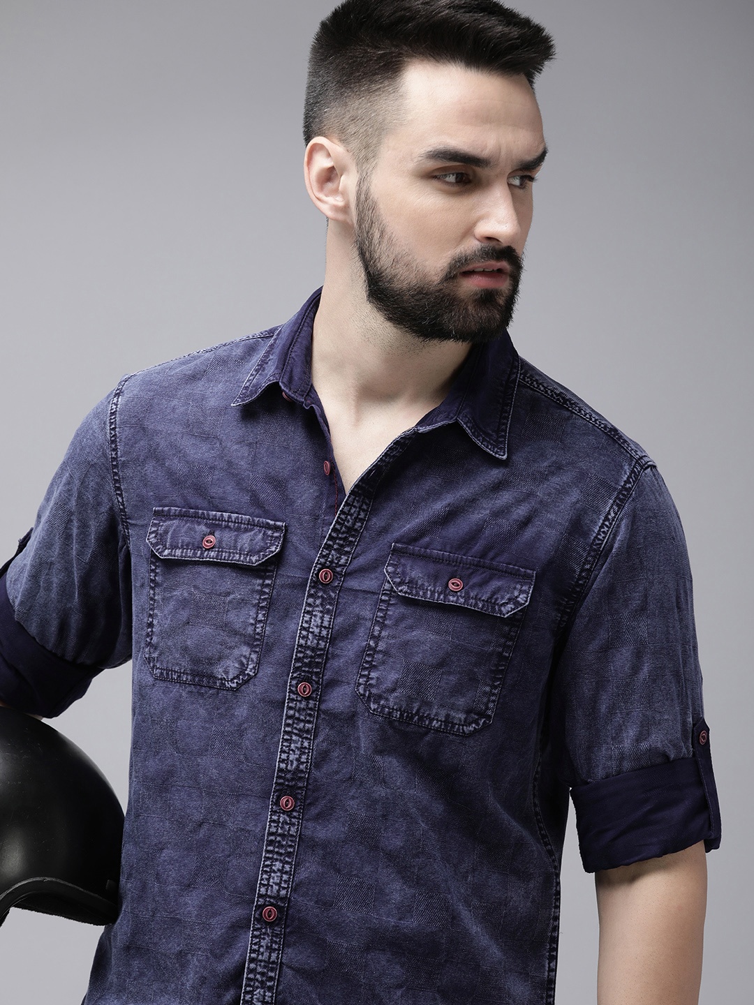 

The Roadster Life Co. Self Design Pure Cotton Denim Casual Shirt, Blue