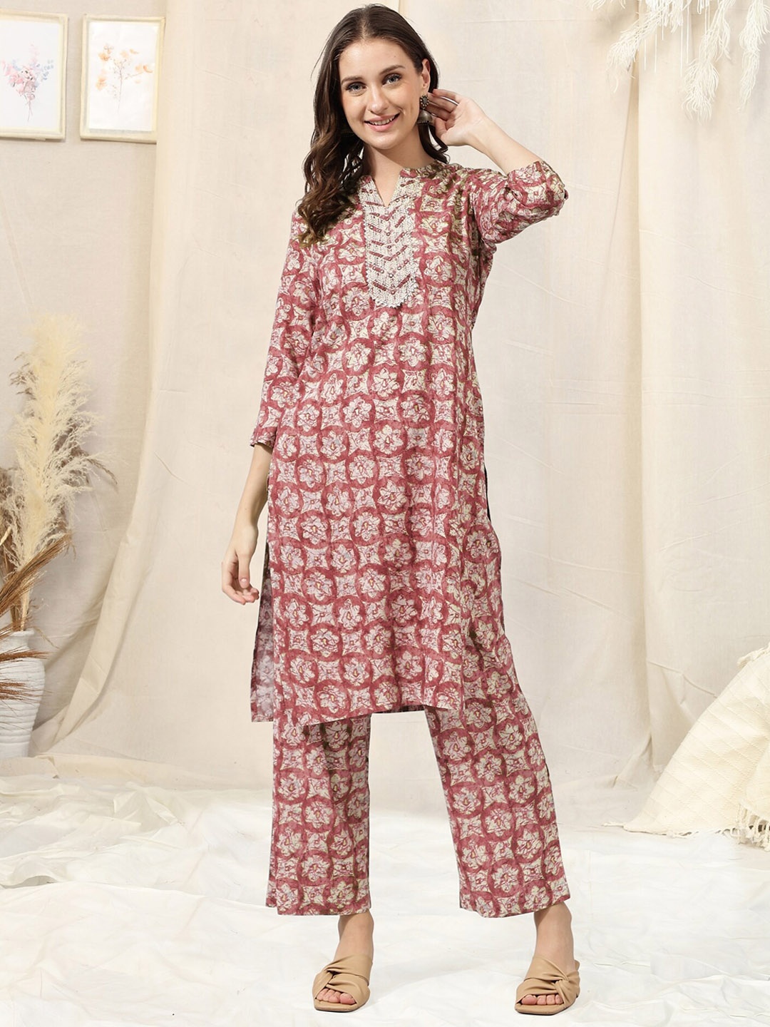 

KALINI Cream-Coloured & Red Printed Mirror Work Kurta With Palazzos