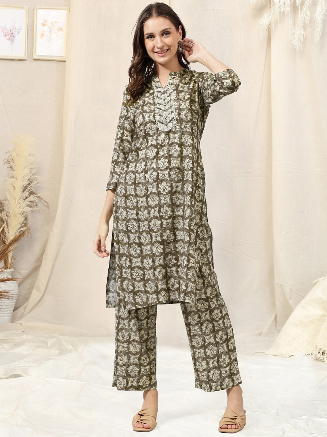 

KALINI Brown & Cream Coloured Printed Mirror Work Kurta With Palazzos