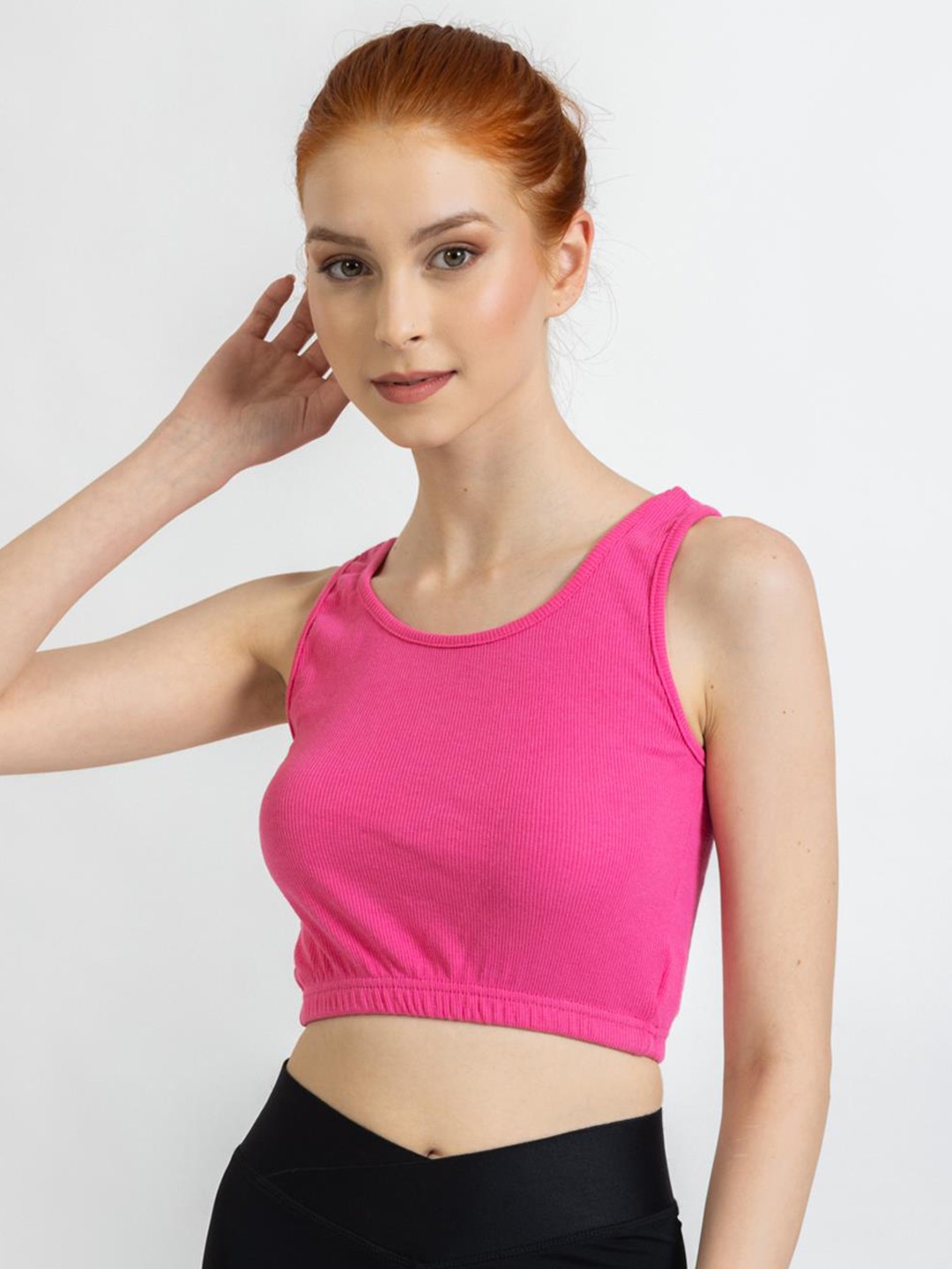 

PRET A TUER Round Neck Sleeveless Fitted Crop Sports Top, Fuchsia