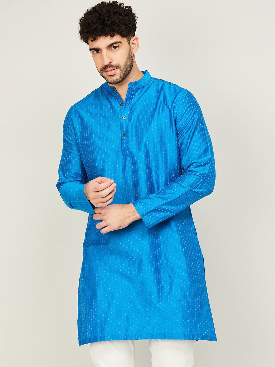 

Melange by Lifestyle Band Collar Striped Cotton Kurta, Blue
