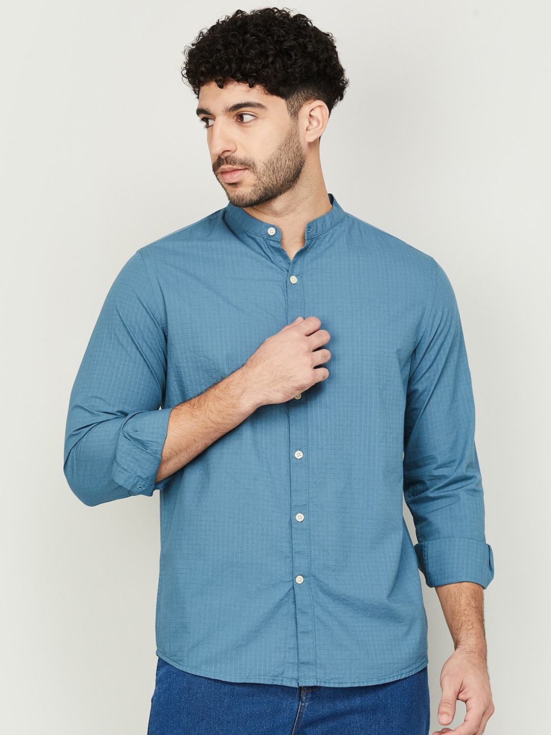 

Melange by Lifestyle Micro Checked Mandarin Collar Cotton Shirt, Teal