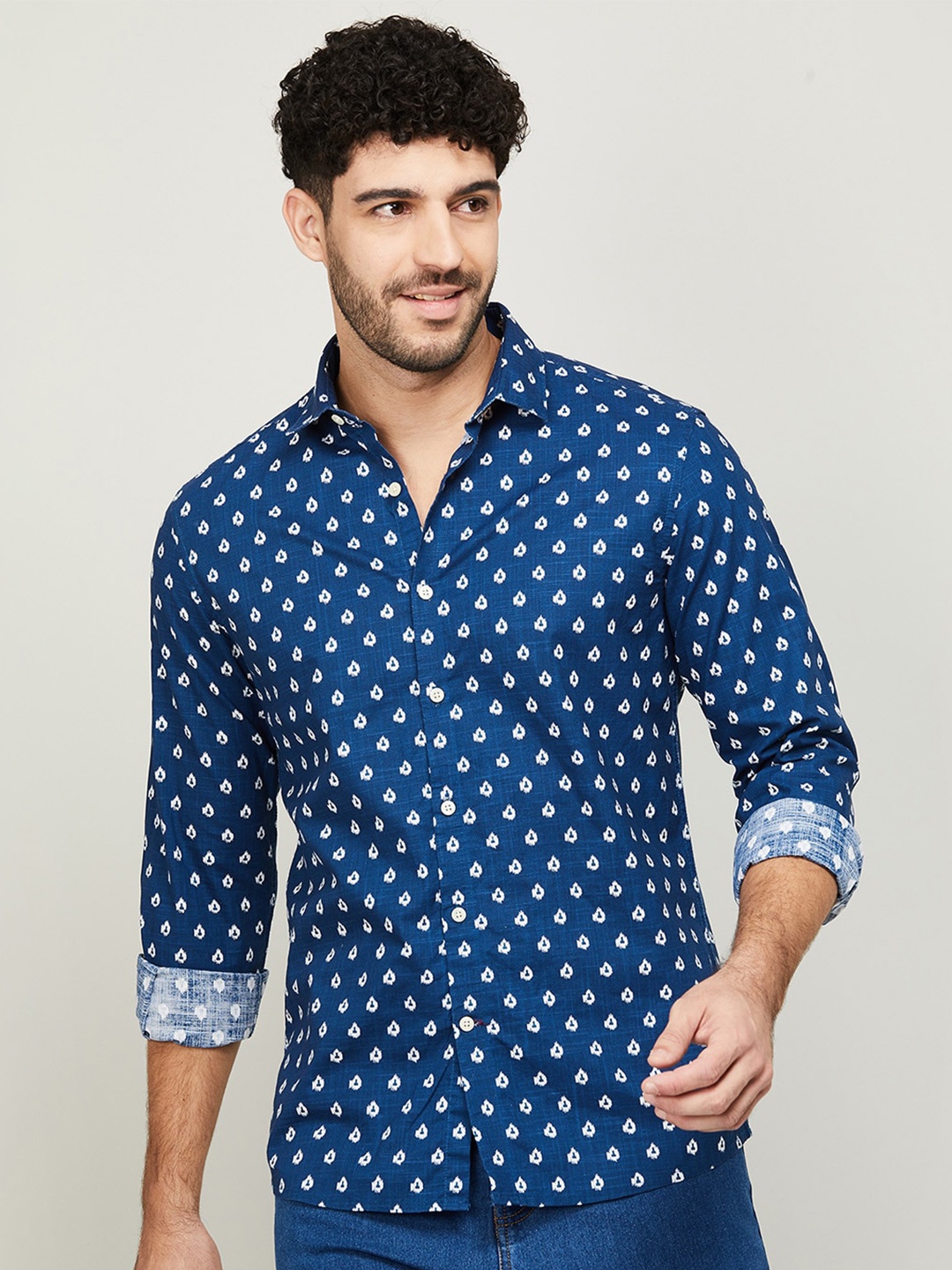 

Melange by Lifestyle Conversational Printed Spread Collar Cotton Shirt, Blue