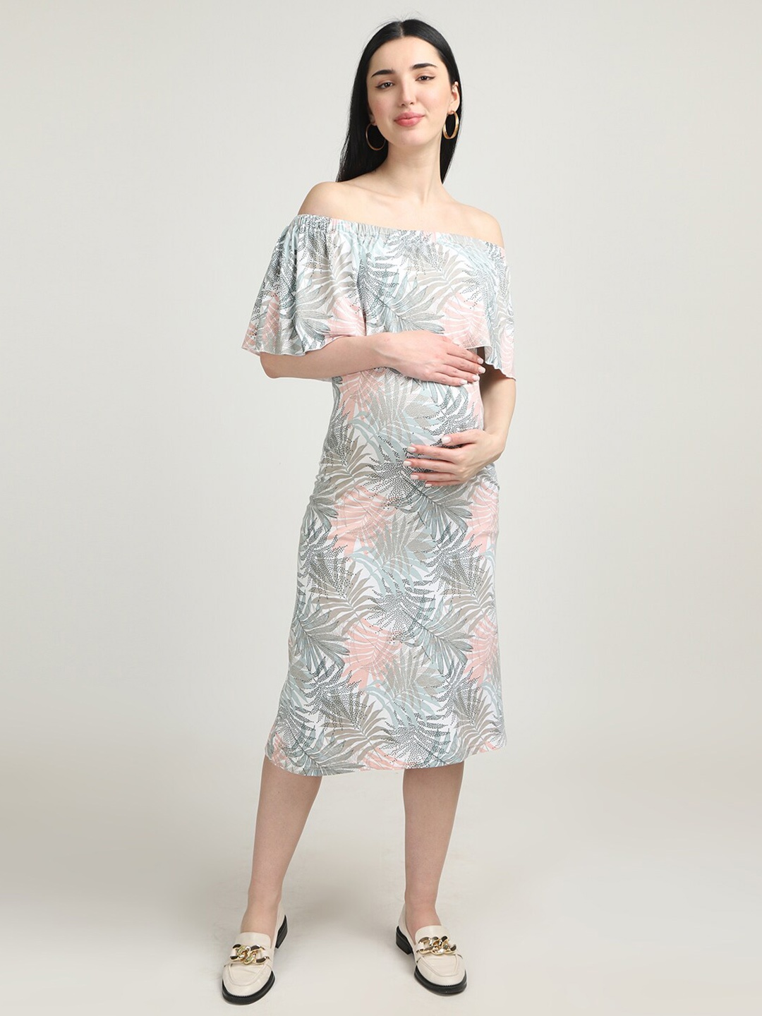 

The Mom Store Floral Print Off-Shoulder Flared Sleeve Sheath Midi Dress, White