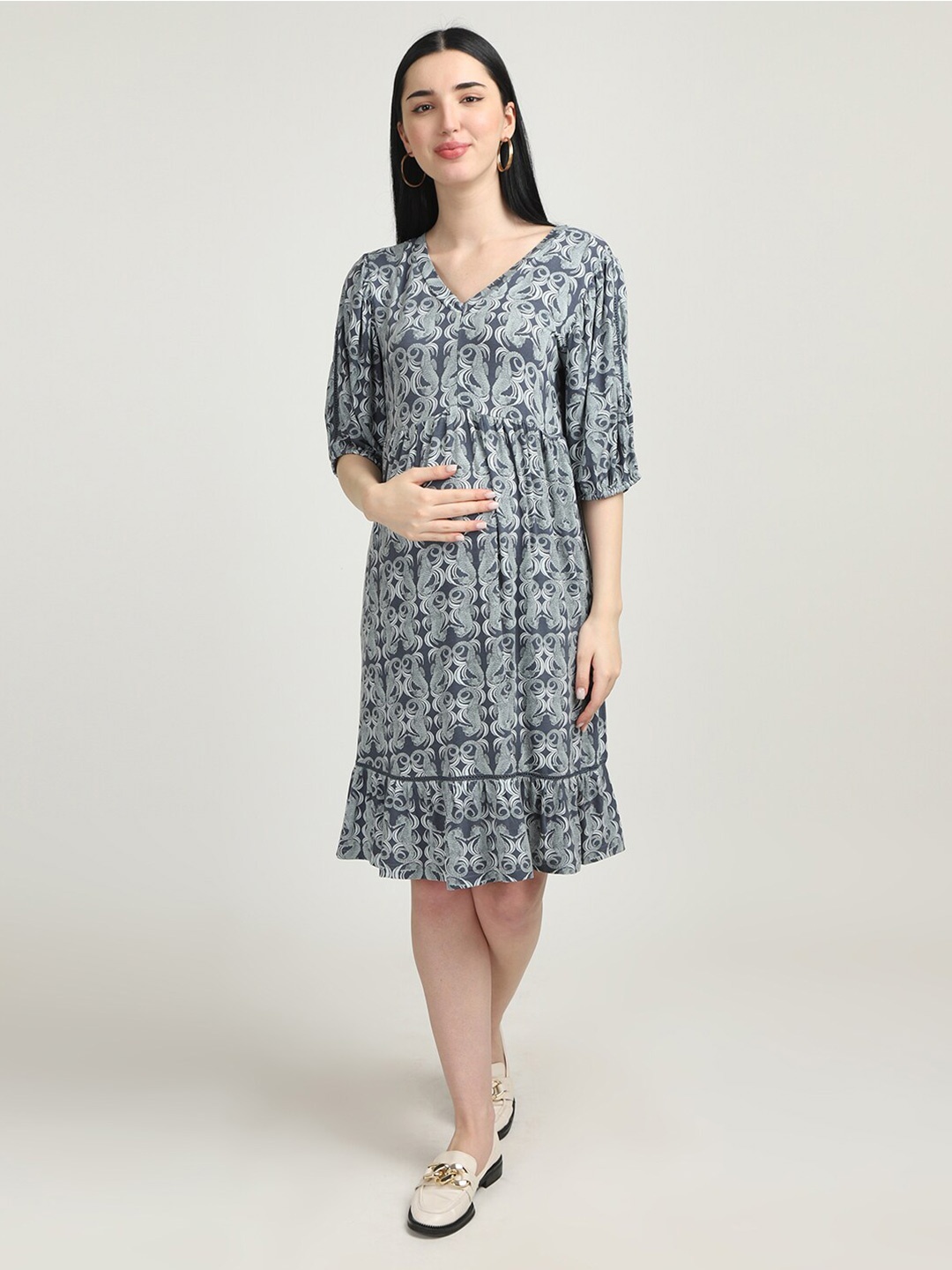 

The Mom Store V-Neck Floral Print A-Line Dress, Grey