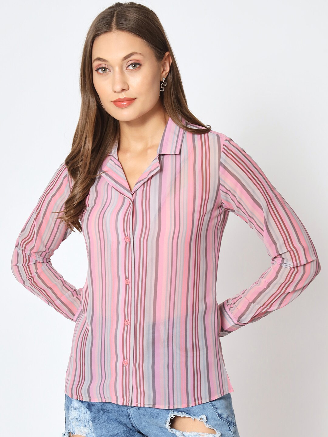CHARMGAL Classic Striped Cuban Collar Casual Shirt, Pink