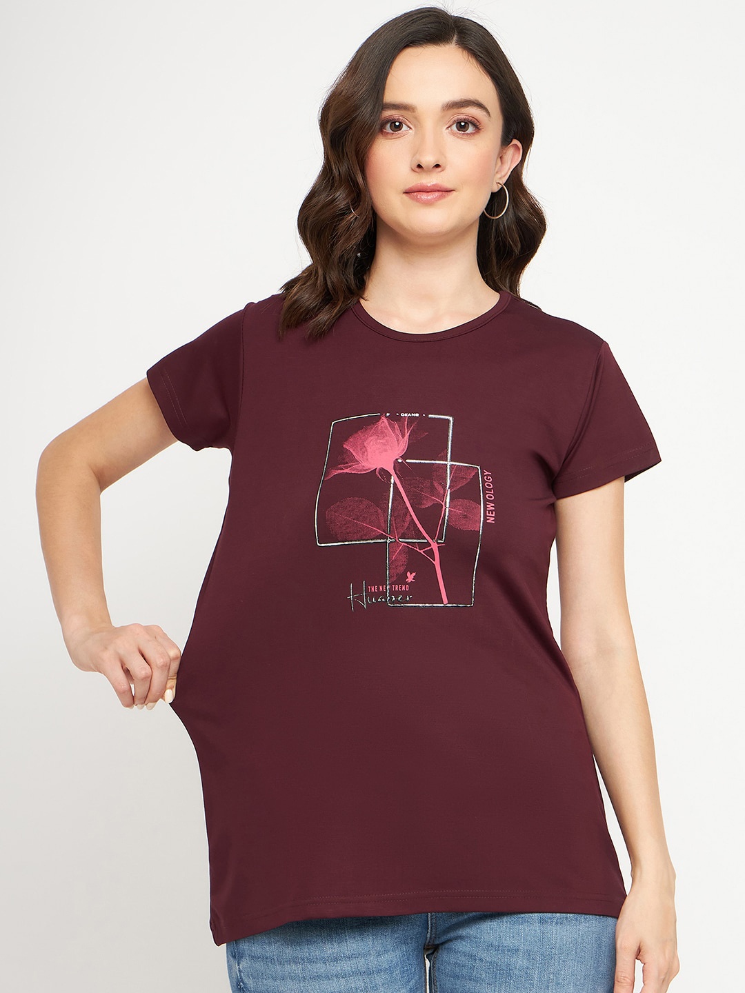 

Okane Floral Printed Round Neck T-shirt, Maroon