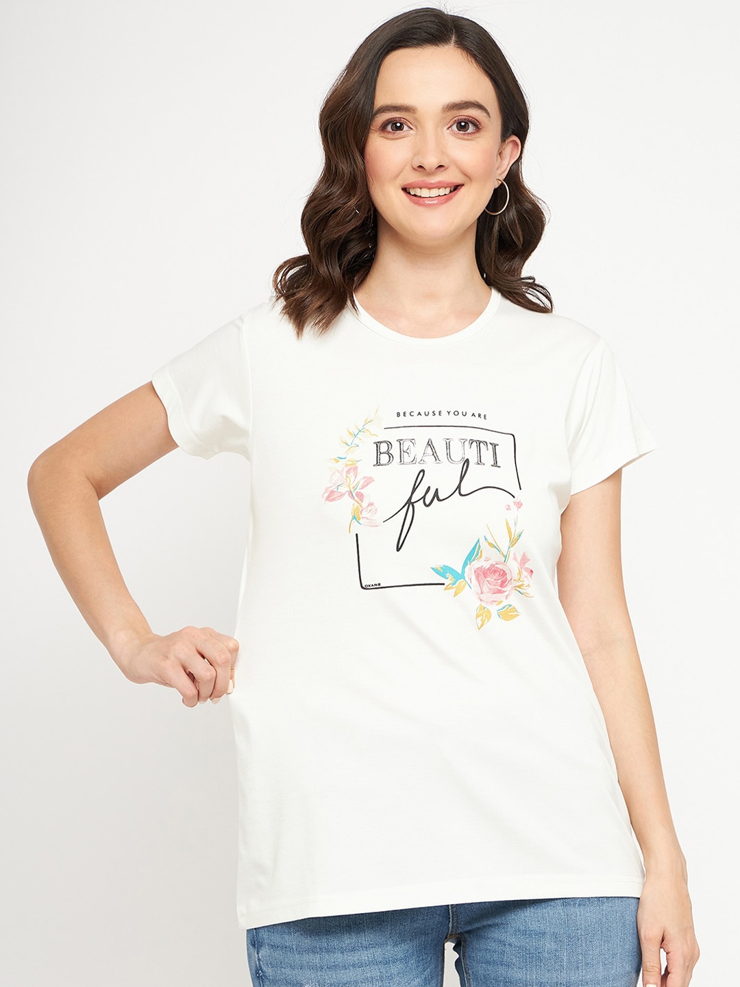 Okane Typography Printed Round Neck T-shirt, White