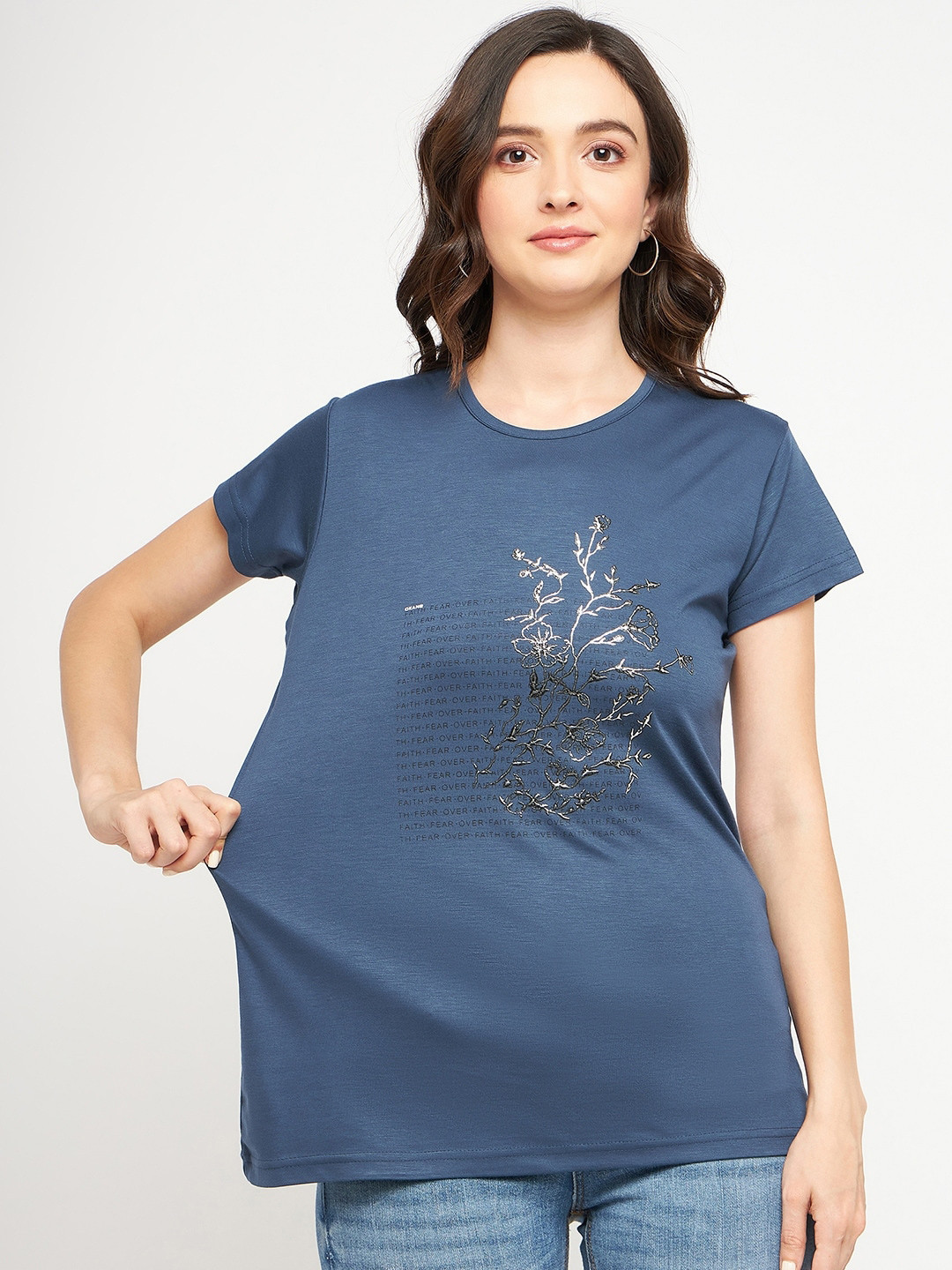 

Okane Floral Printed Round Neck T-shirt, Blue