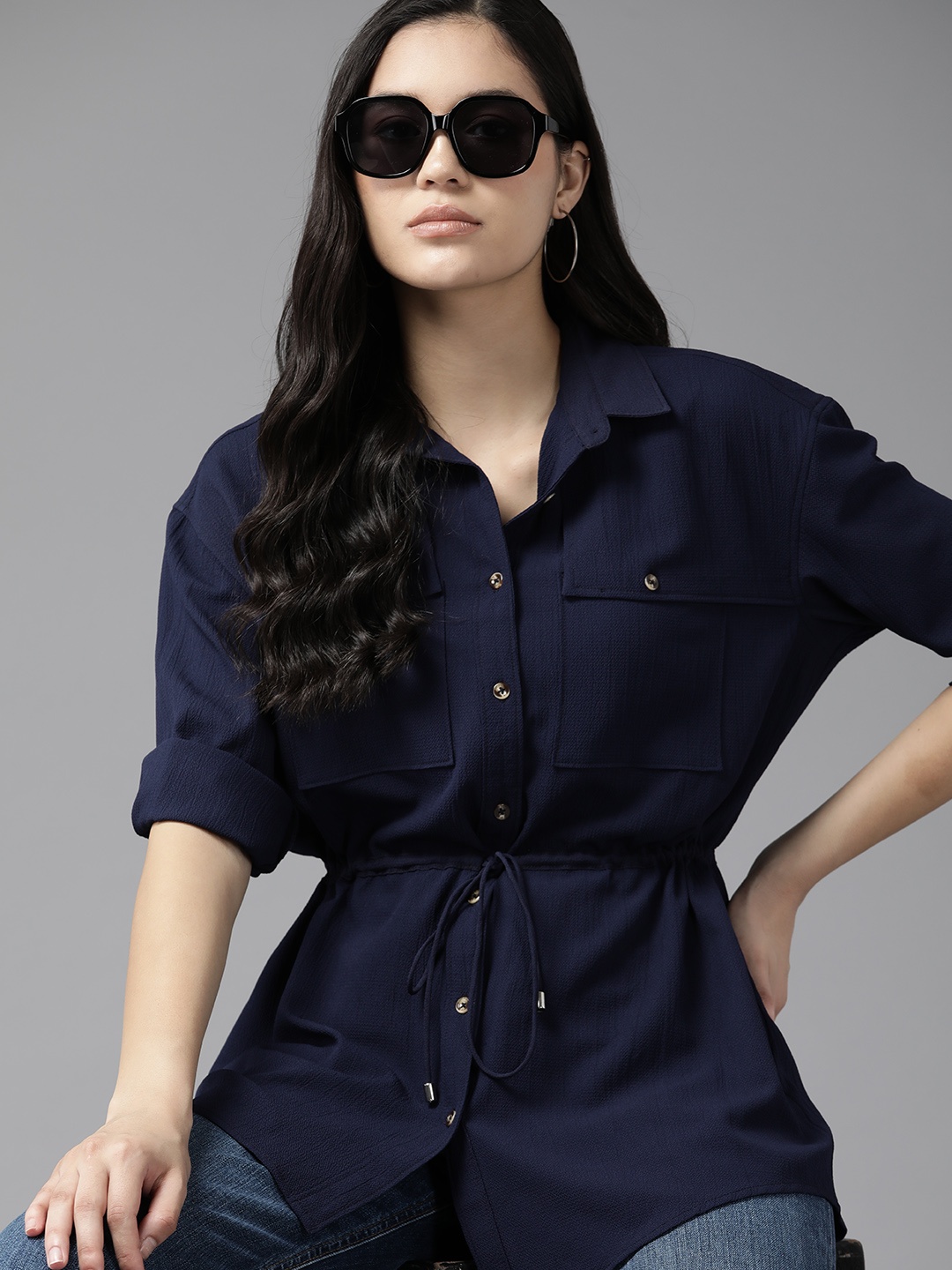 

Roadster Women Classic Opaque Casual Shirt, Navy blue