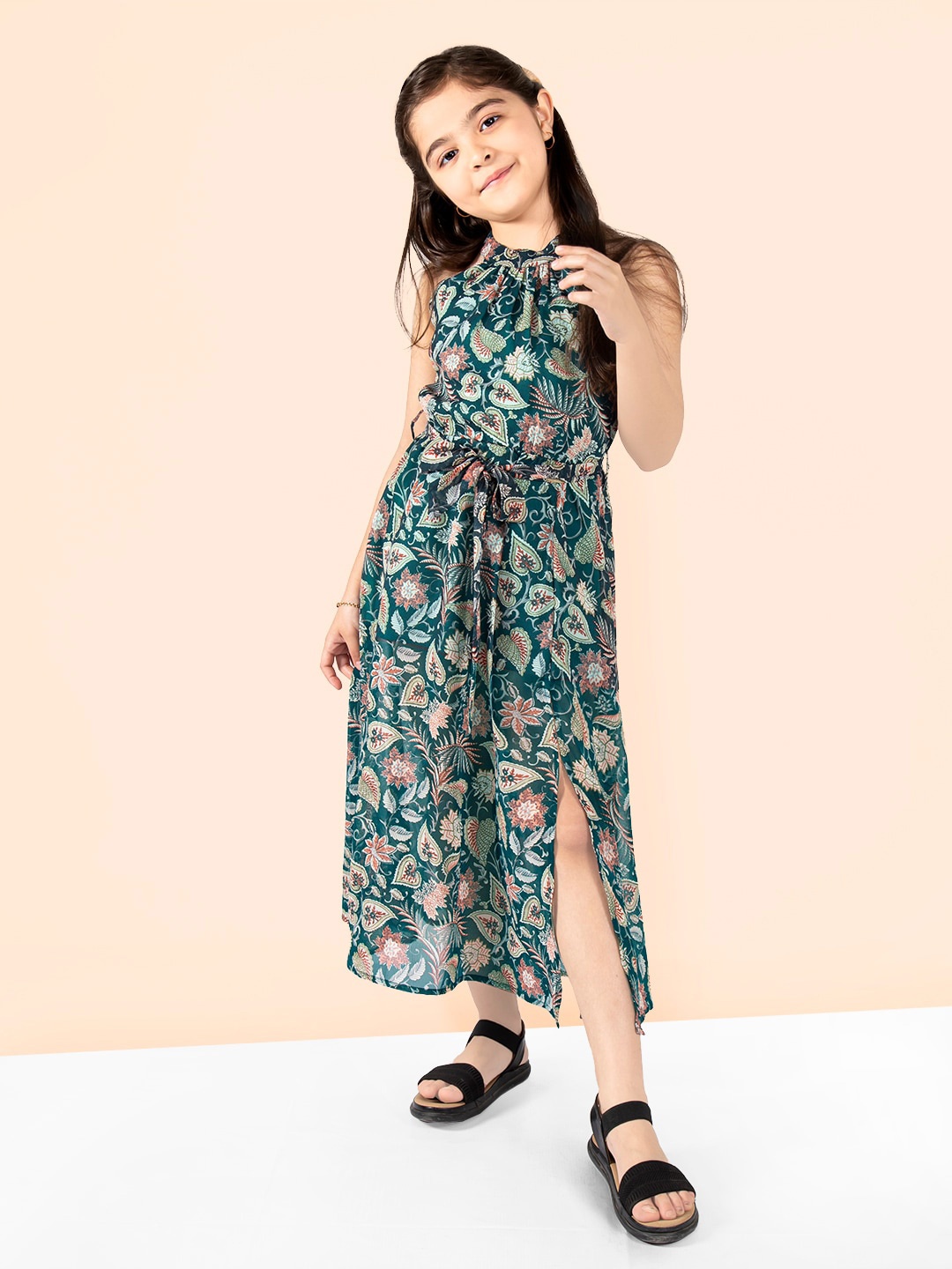 

Naughty Ninos Girls Floral Printed Tie-Up A-Line Midi Dress, Teal