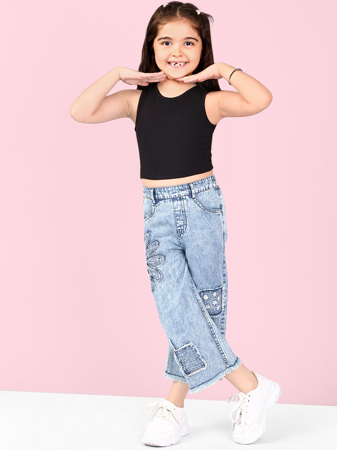 

Naughty Ninos Girls Embroidered Flared Heavy Fade Pure Cotton Jeans, Blue