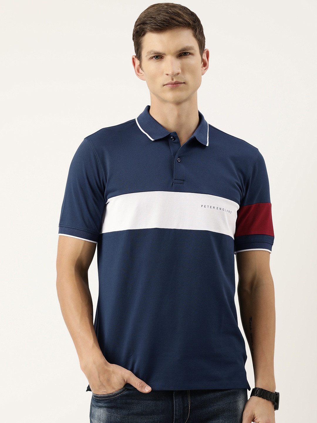 

Peter England Men Striped Polo Collar T-shirt, Navy blue