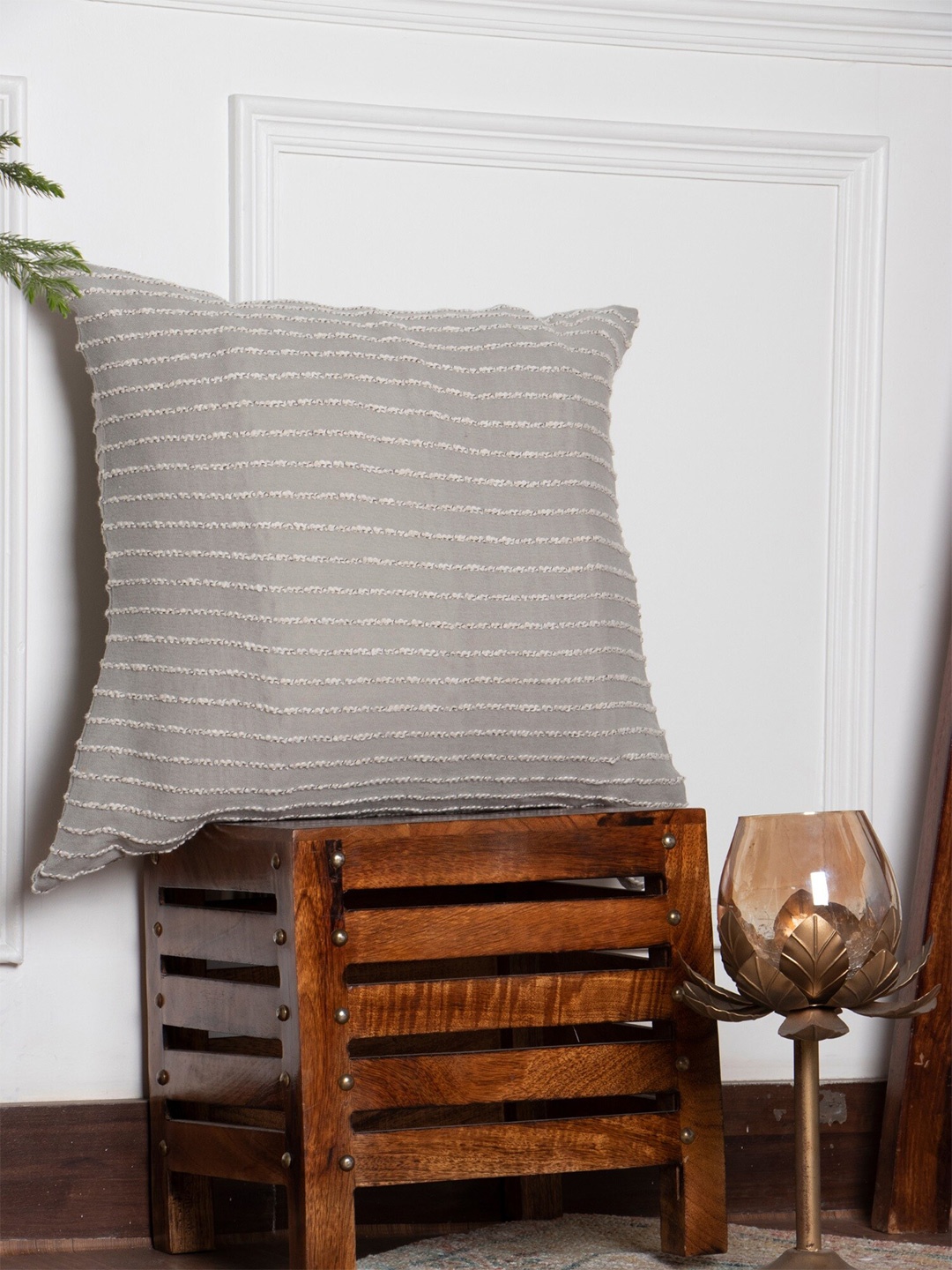 

Aditi Wasan Grey & Silver-Toned Cotton Embroidered Square Cushion Cover