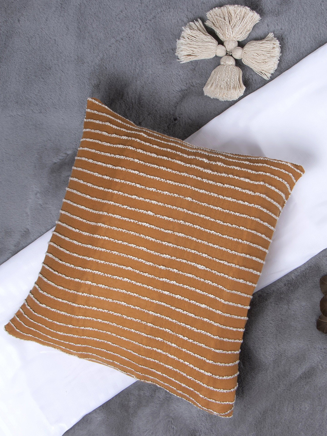

Aditi Wasan Tan & White Embroidered Cotton Square Cushion Cover