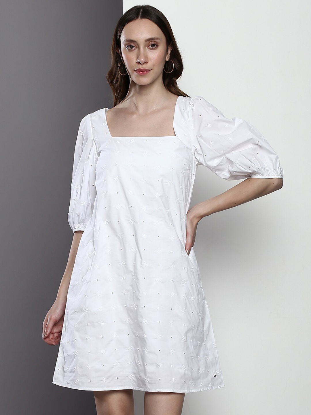 

Tommy Hilfiger Square Neck Puff Sleeve Organic Cotton A-Line Dress, White