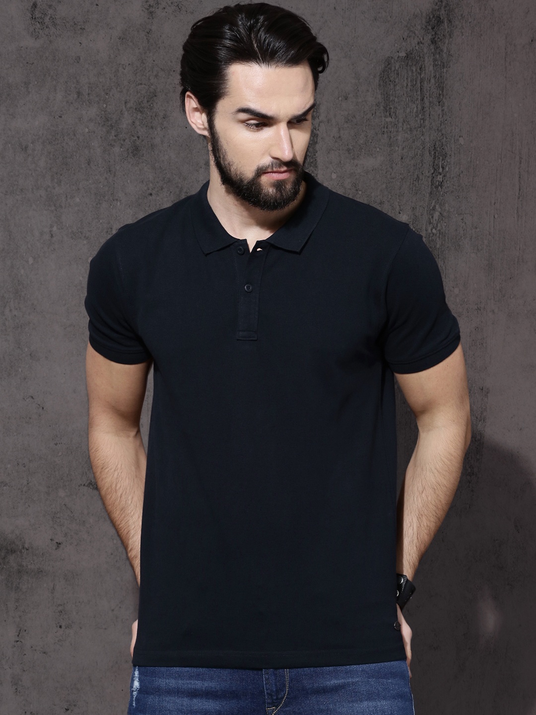 

Roadster Men Navy Solid Polo Collar Pure Cotton T-shirt, Navy blue