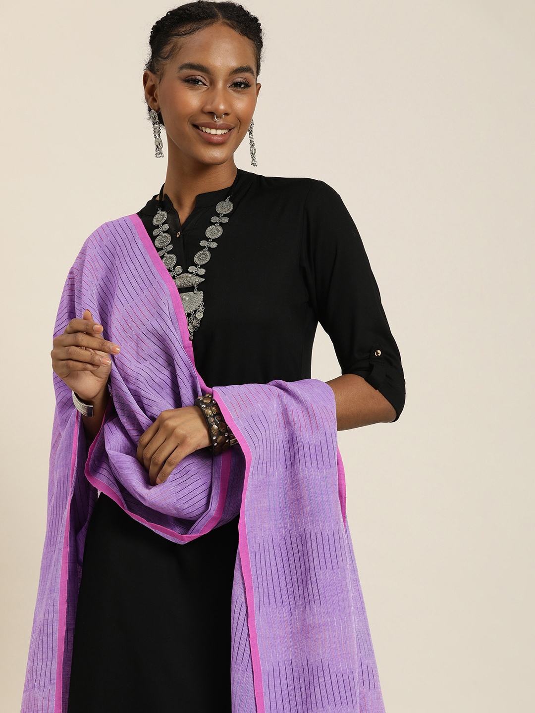 

Taavi Striped Tasselled Dupatta, Lavender