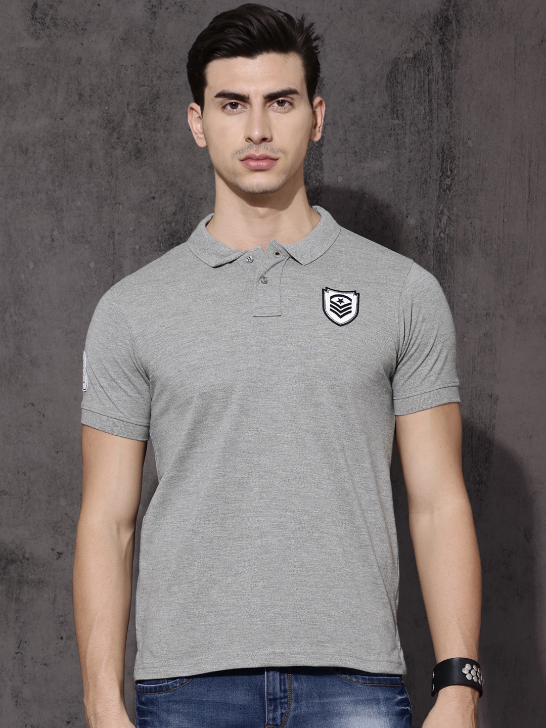 

Roadster Men Grey Melange Solid Polo Pure Cotton T-shirt