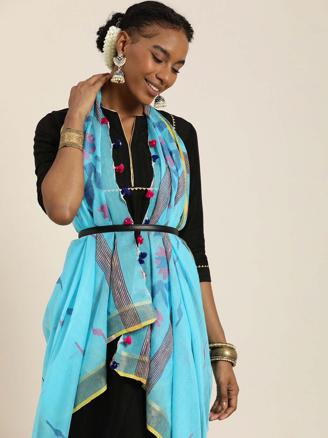 

Taavi Women Ethnic Motifs Woven Design Dupatta, Blue