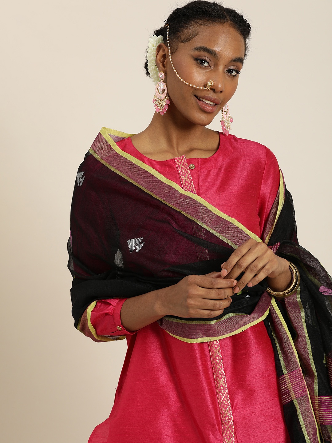 

Taavi Ethnic Motifs Woven Design Dupatta, Black