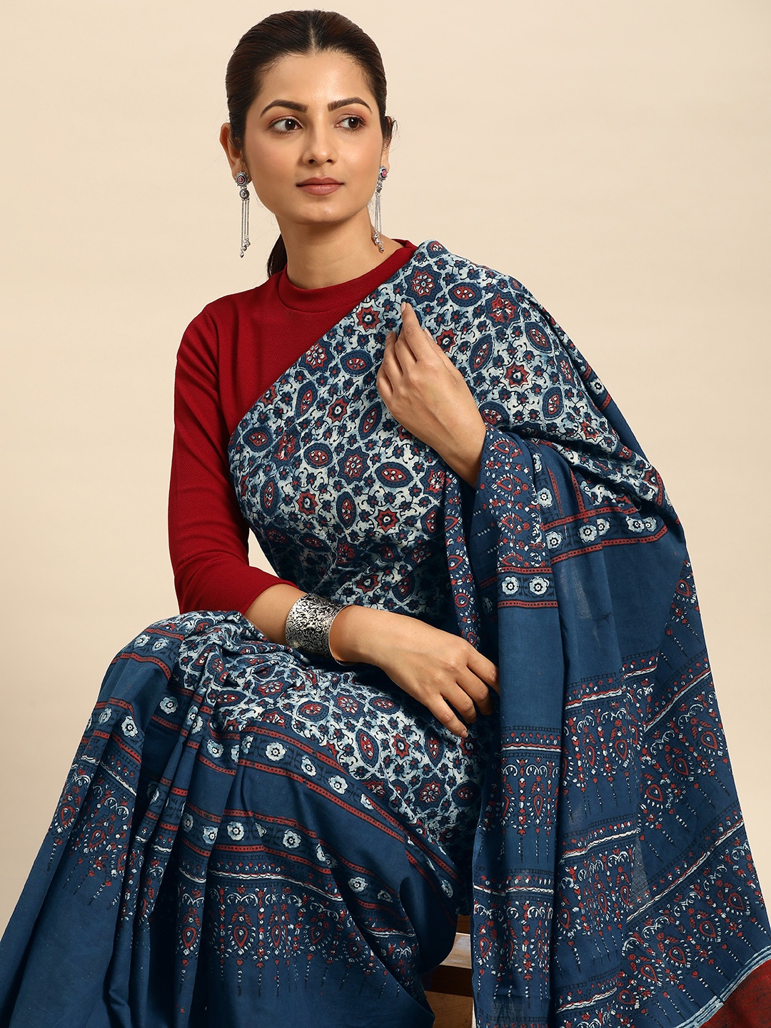 

Taavi Block Printed Pure Cotton Saree with Attached Blouse, Blue