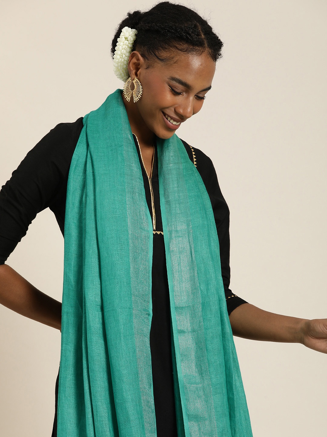 

Taavi Solid Linen Zari Dupatta, Sea green