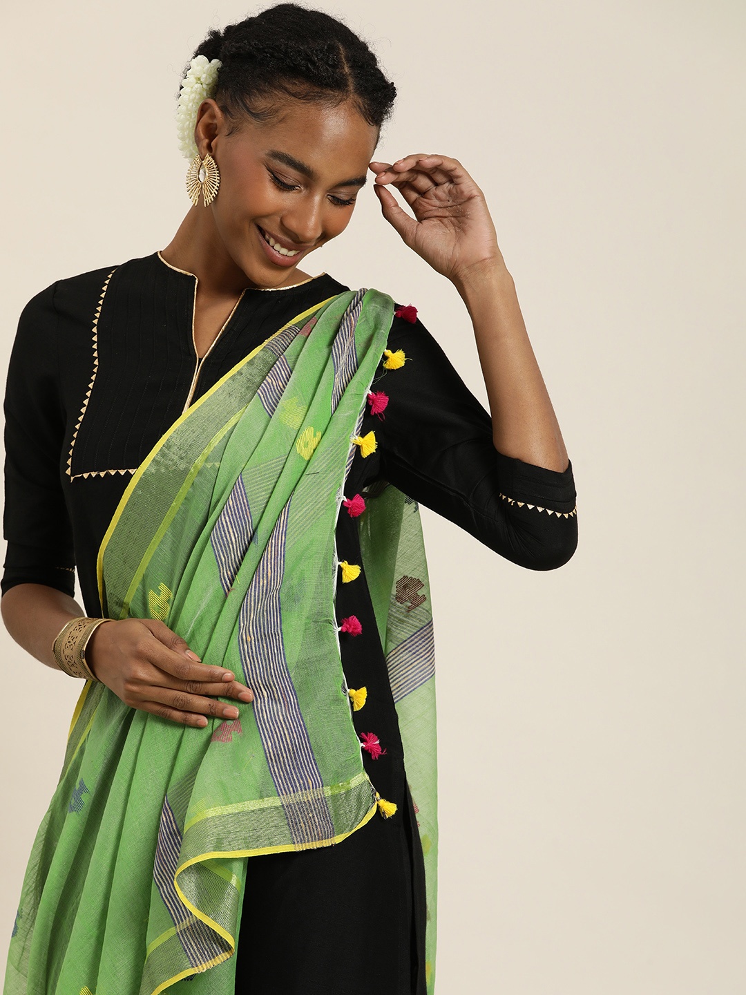 

Taavi Ethnic Motifs Woven Design Jamdani Dupatta, Green