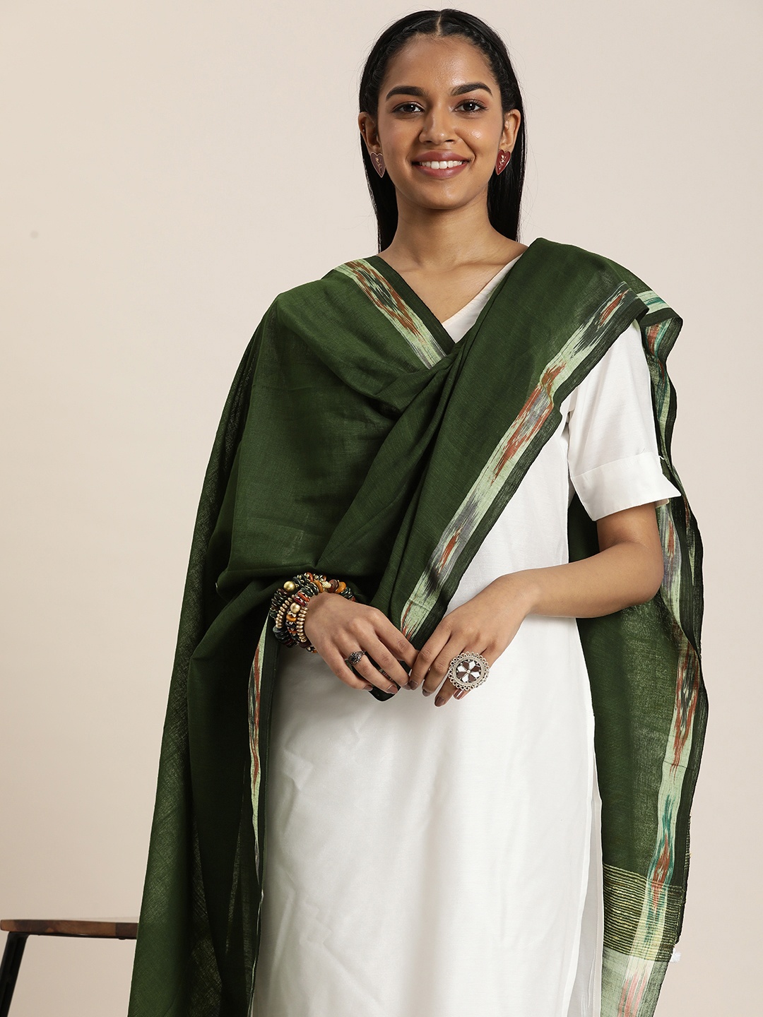 

Taavi Pure Cotton Ghicha Handloom Dupatta, Green