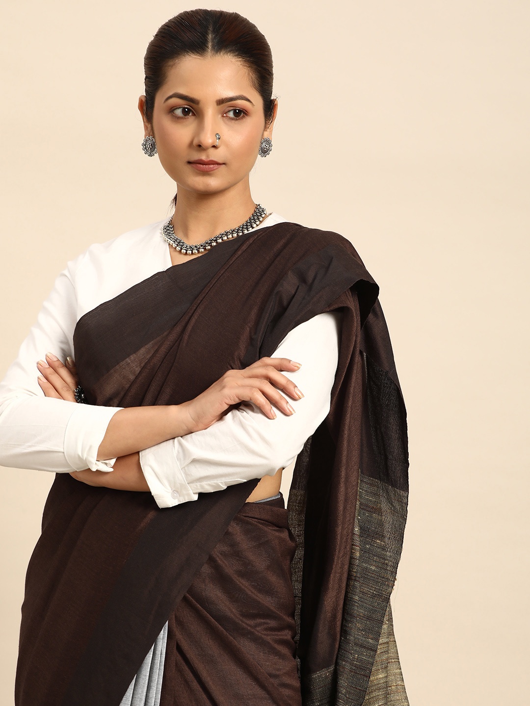 

Taavi Woven Design Pure Cotton Ghicha Handloom Saree, Coffee brown