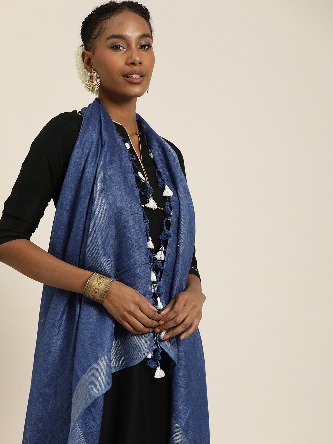 

Taavi Zari Linen Dupatta, Blue