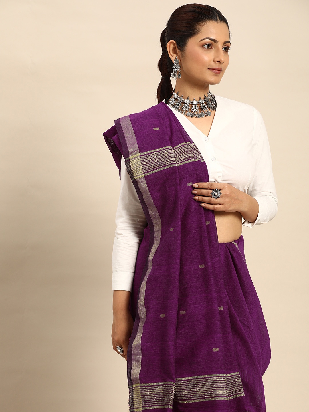 

Taavi Handloom Cotton Zari Border Jamdani Inspired Saree with Attached Blouse, Magenta