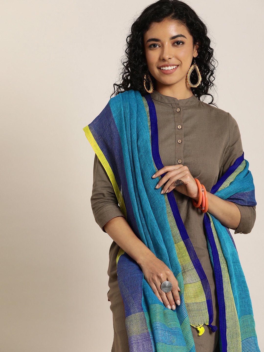 

Taavi Linen Zari Handloom Dupatta with Pom Pom, Blue