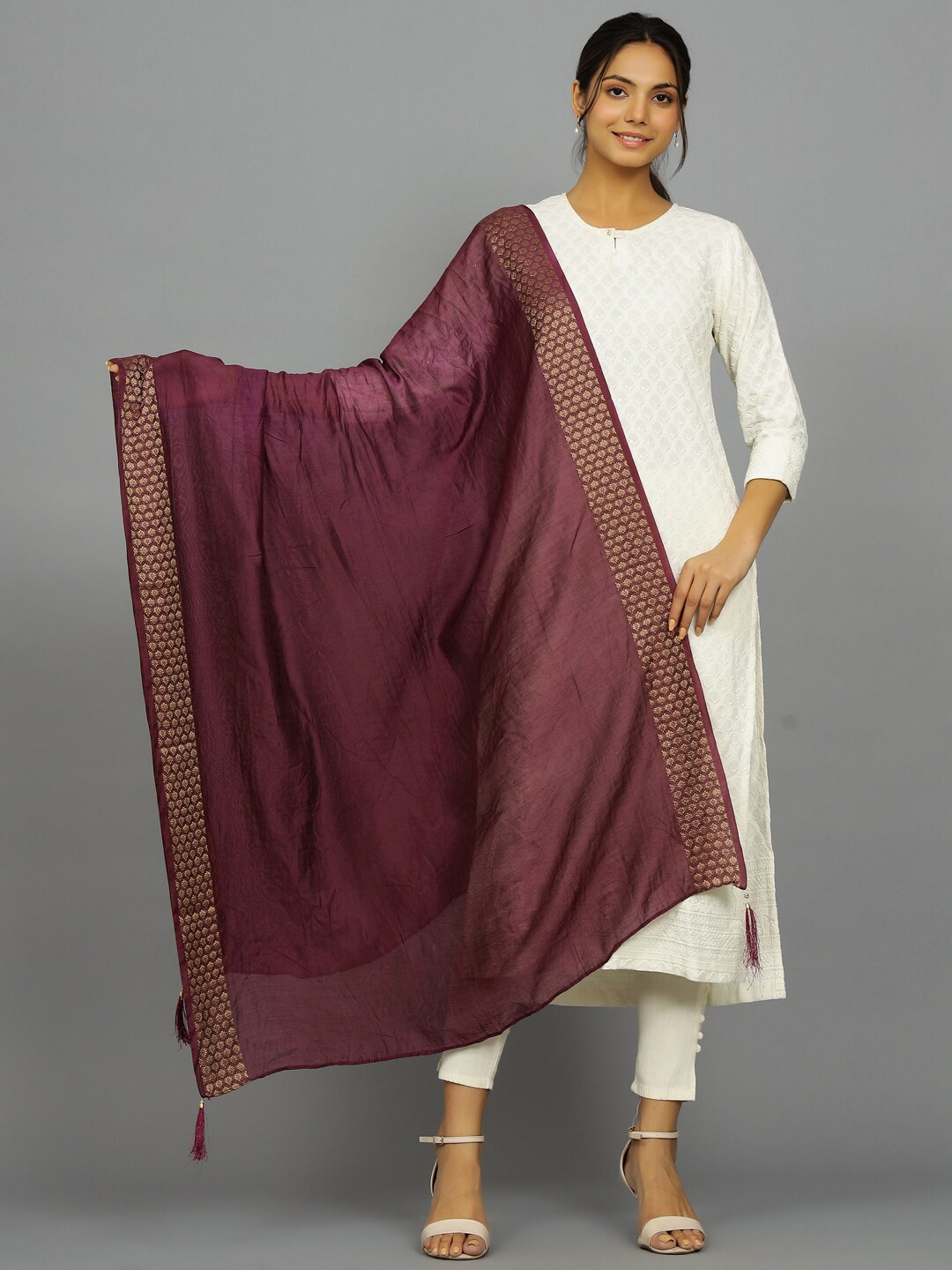 

HANDICRAFT PALACE Woven Design Zari Border Chanderi Dupatta, Violet