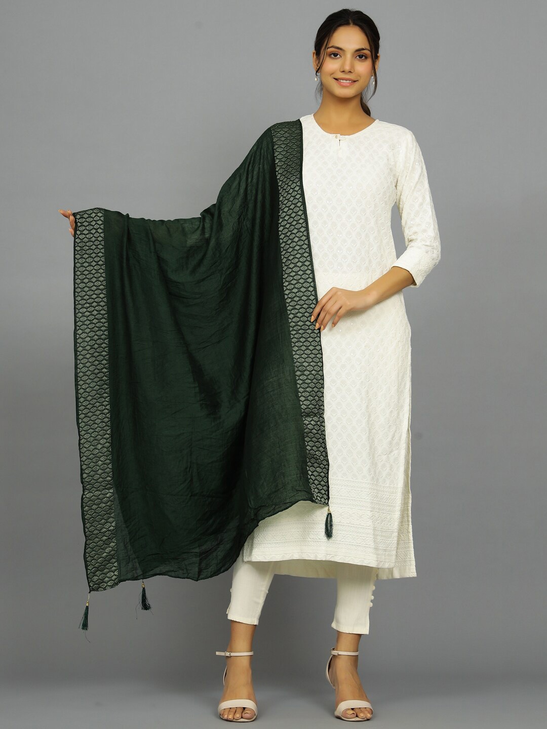

HANDICRAFT PALACE Woven Design Border Chanderi Dupatta, Green