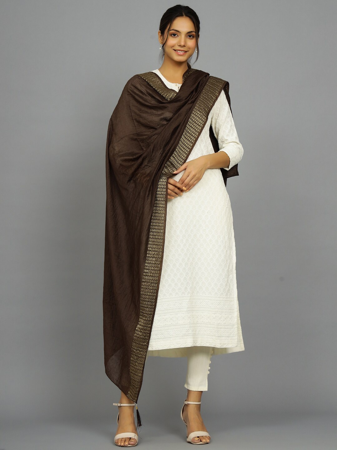 

HANDICRAFT PALACE Woven Border Cotton Chanderi Dupatta, Brown