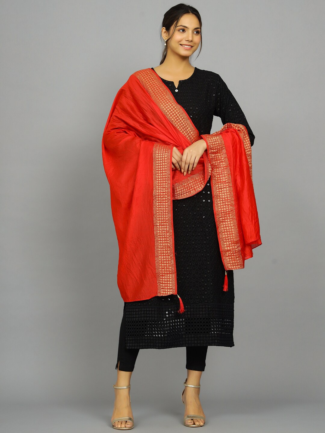 

HANDICRAFT PALACE Woven Border Cotton Chanderi Dupatta, Red