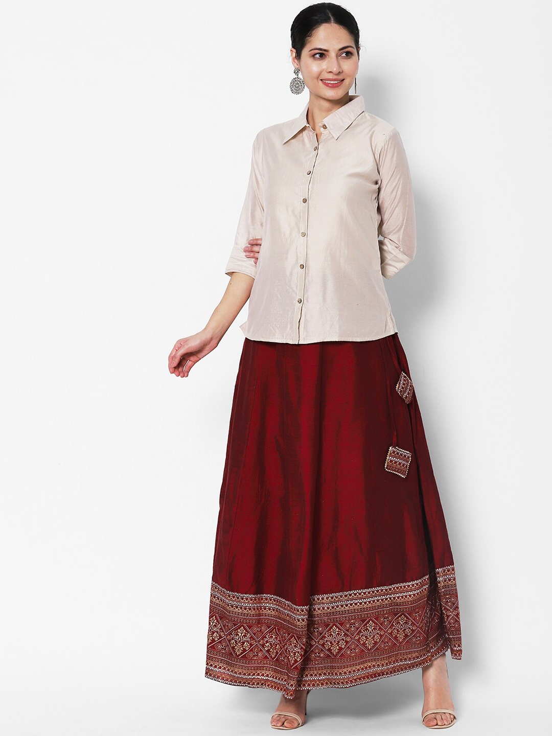 

Vedic Maxi-Length Ethnic Motif Printed Flared Skirt, Maroon