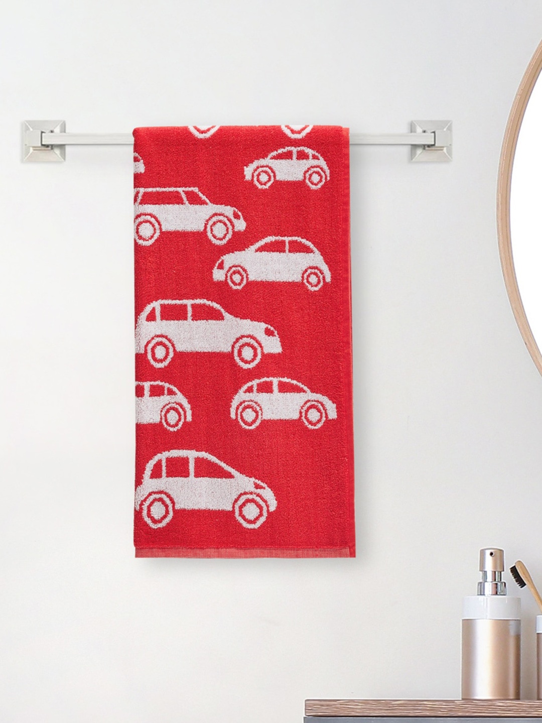 

Home Centre Slate Red & White Car Printed 500 GSM Pure Cotton Highly absorbent Bath Towel