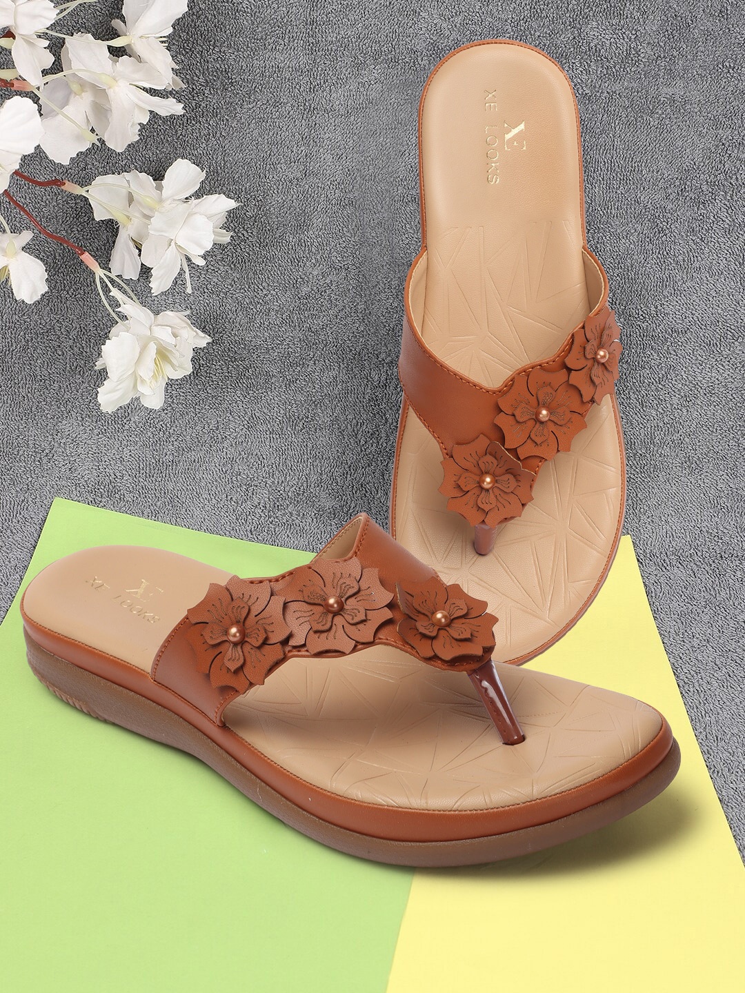 

XE Looks Embellished Open Toe Flats, Tan