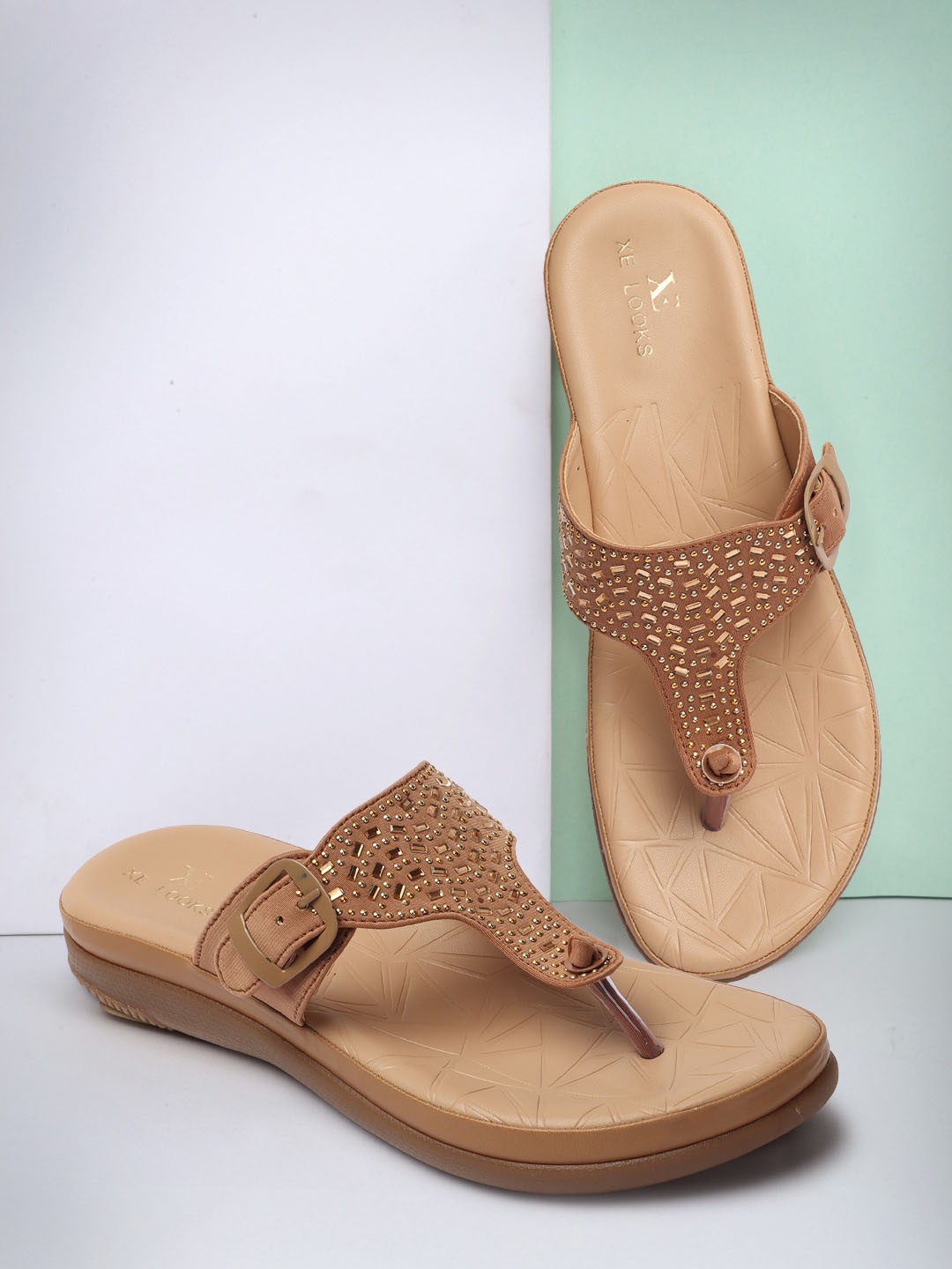 

XE Looks Embellished T-Strap Flats With Buckles, Beige
