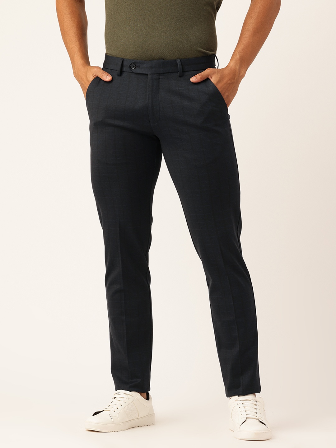 

Peter England Men Striped Slim Fit Smart-Casual Trousers, Navy blue
