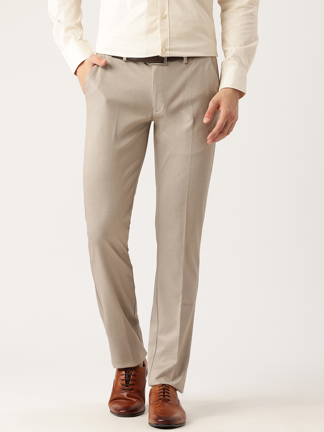 

Peter England Men Printed Super Slim Fit Trousers, Beige