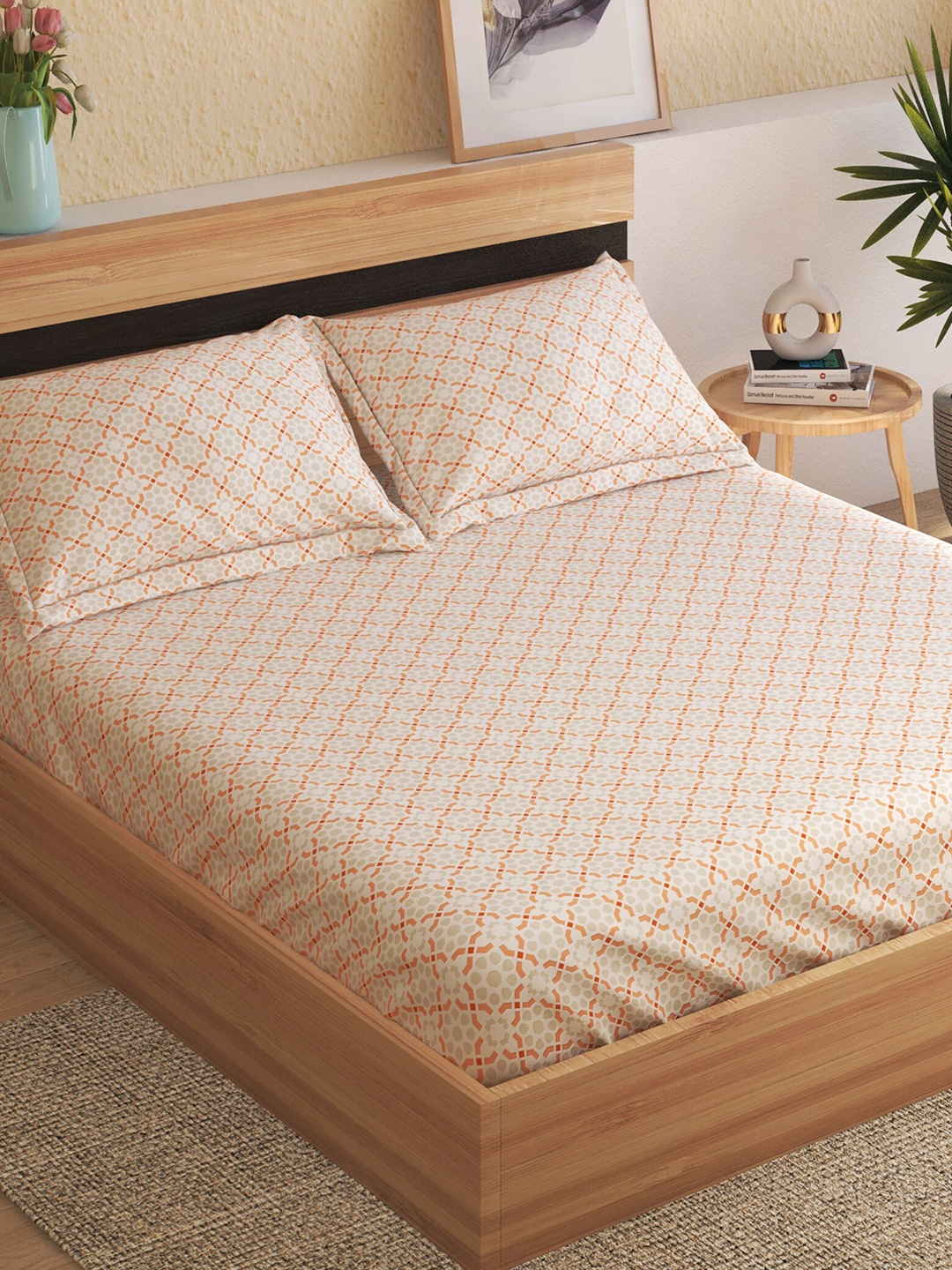 

Home Centre Grandeur Peach Geometric 200 TC Fitted King Bedsheet with 2 Pillow Covers