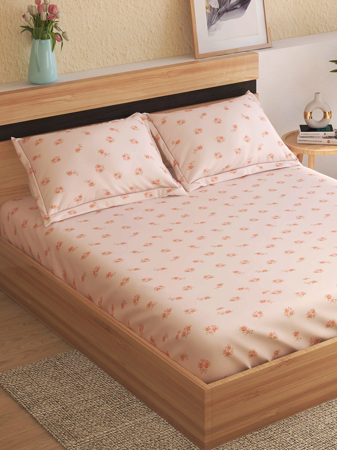

Home Centre Grandeur Pink Floral Printed 300 TC Cotton King Bedsheet & 2 Pillow Covers