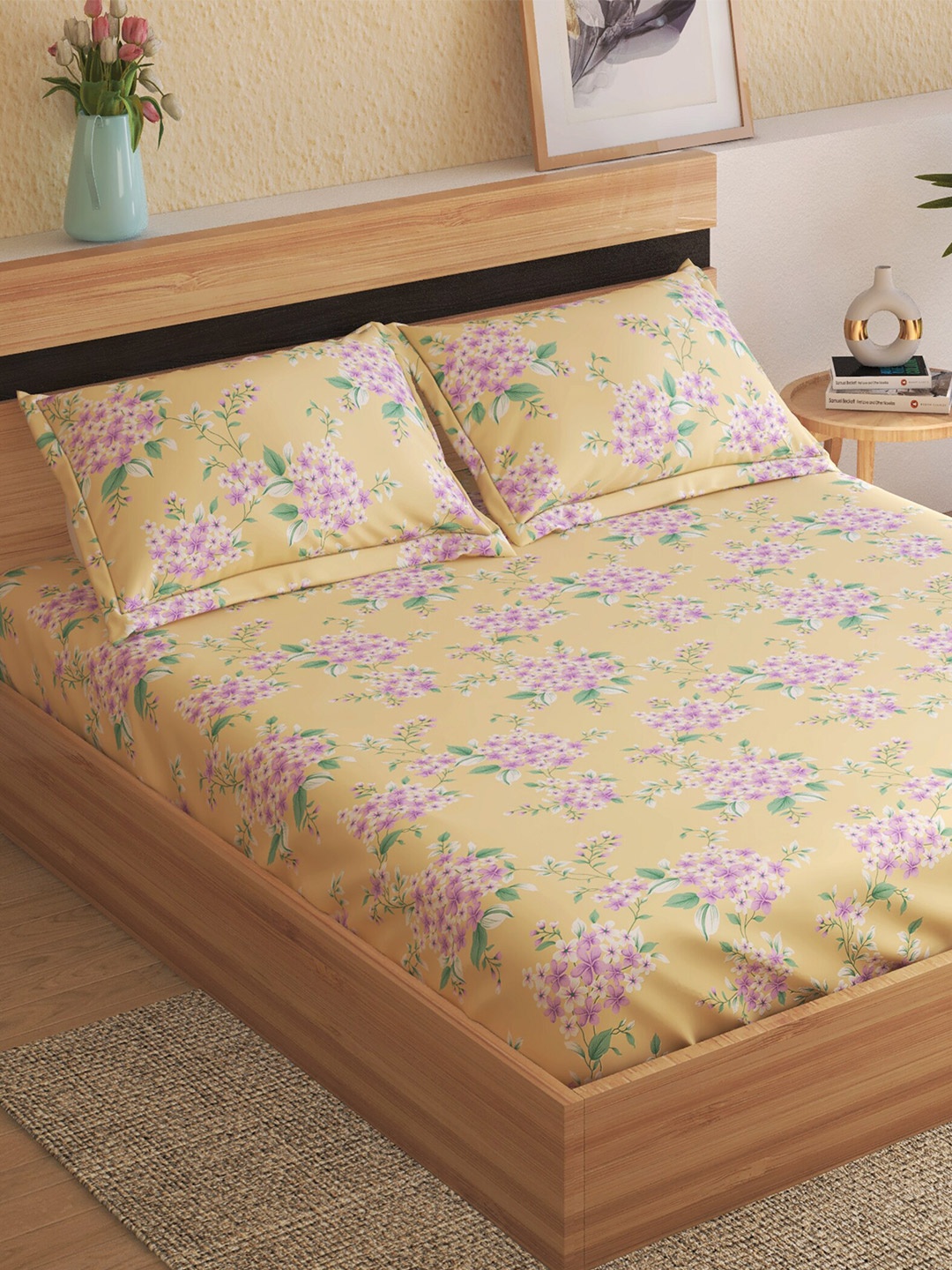 

Home Centre Yellow & Purple Floral 200 TC Cotton King Bedsheet With 2 Pillow Covers