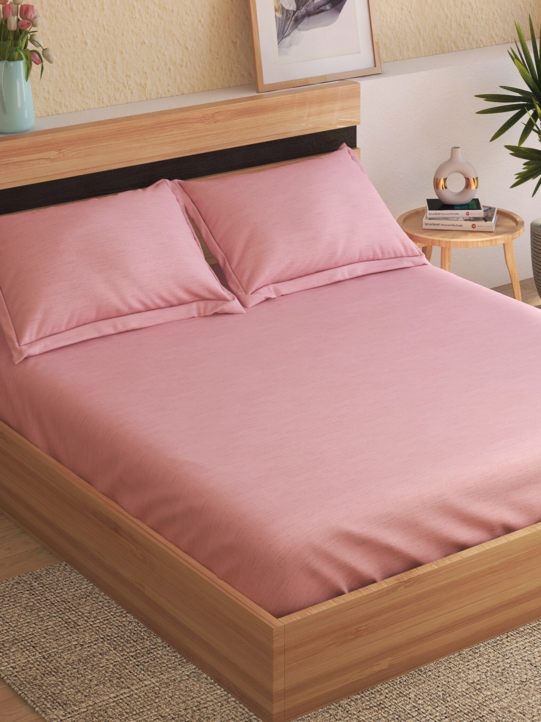 

Home Centre Grandeur Pink 300 TC Fitted Cotton King Bedsheet & 2 Pillow Covers